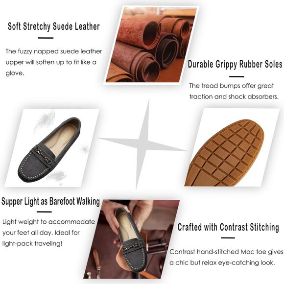 Kordal Women's Grey Leather Gold Accent Buckle Slip-Ons Comfortable Loafers - Picture 3 of 9